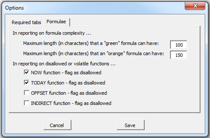 Settings menu - formulae